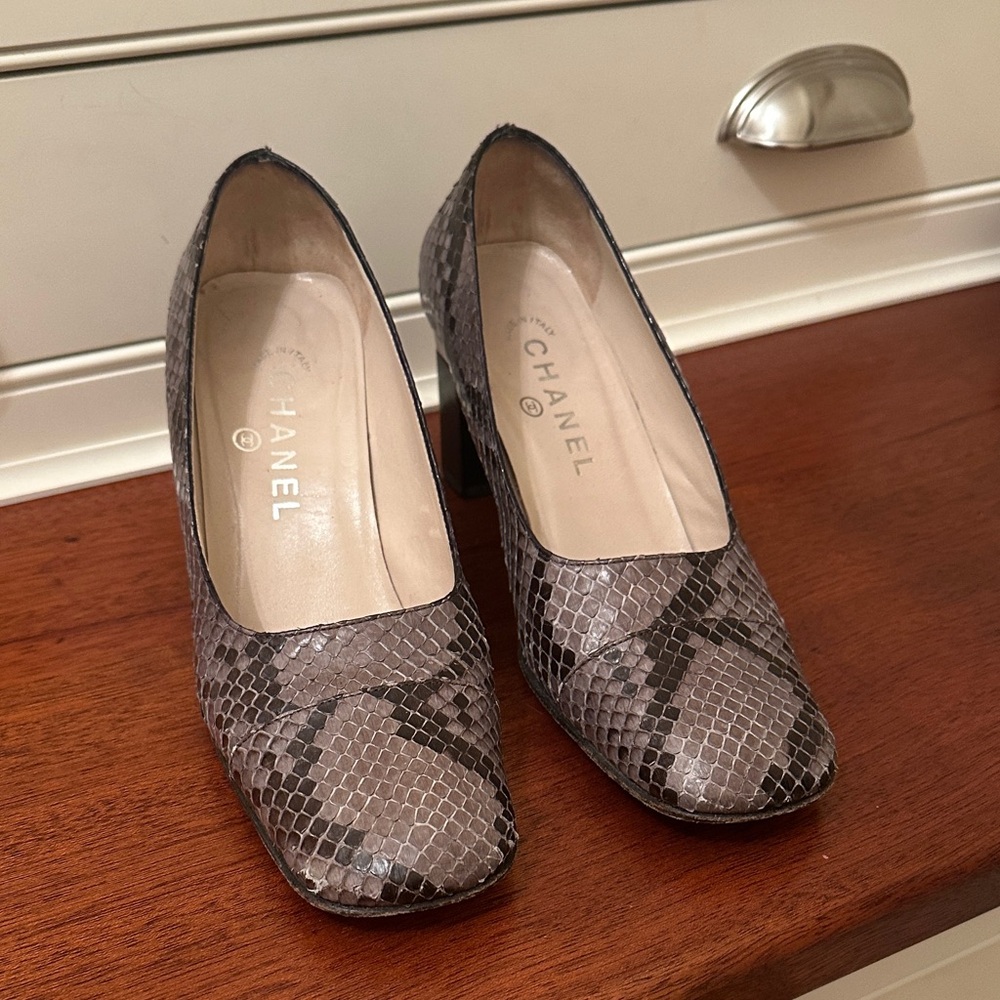 CHANEL Snakeskin Heels in Black and Gray